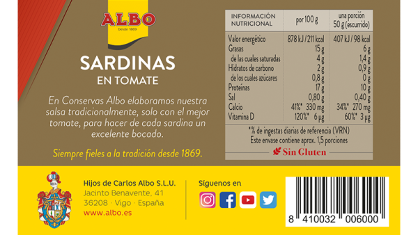 sardinas en salsa de tomate valores nutricionales