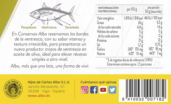 Ventresca de atun claro en trozos en aceite de oliva ALBO